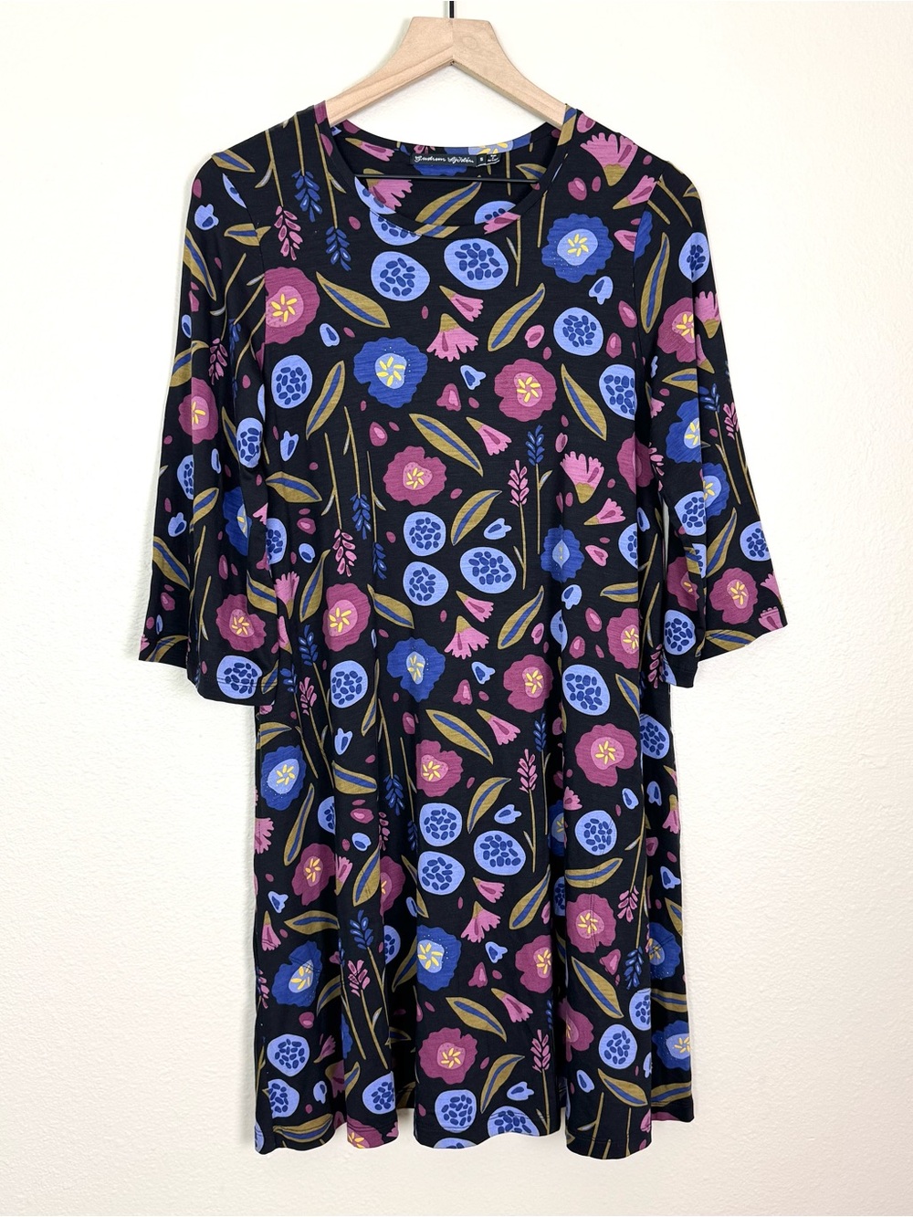 NEW Gudrun Sjoden Dark Floral Bell Sleeve Swing Dress Lyocell Size Small